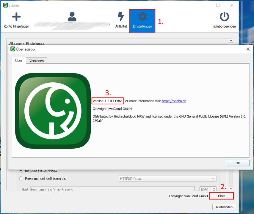 Screenshot des Sciebo-Clients. Die Versionsnummer ist unter dem Reiter Einstellungen unten rechts bei "Über" zu finden. 